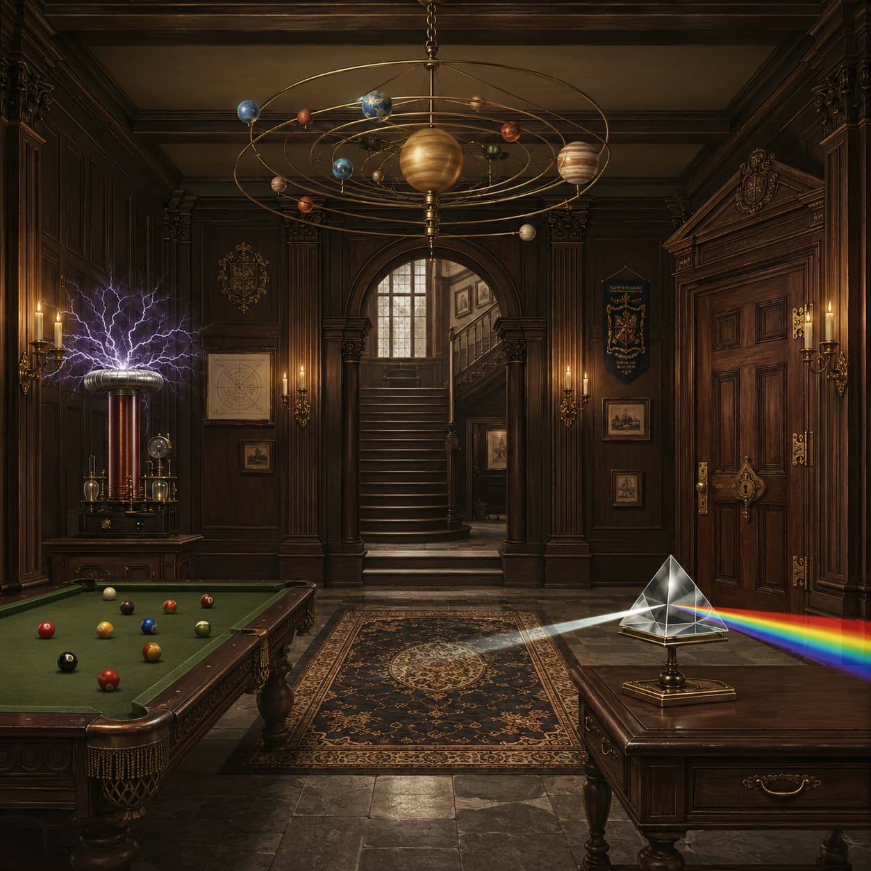 Hall de entrada da Academia KiFácil com mesa de bilhar, bobina de Tesla, orrery e prisma