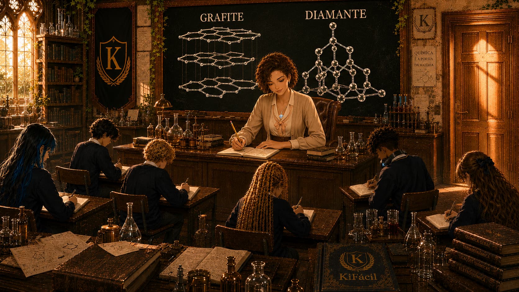 Sala da Professora Carla com estruturas de diamante e grafite no quadro
