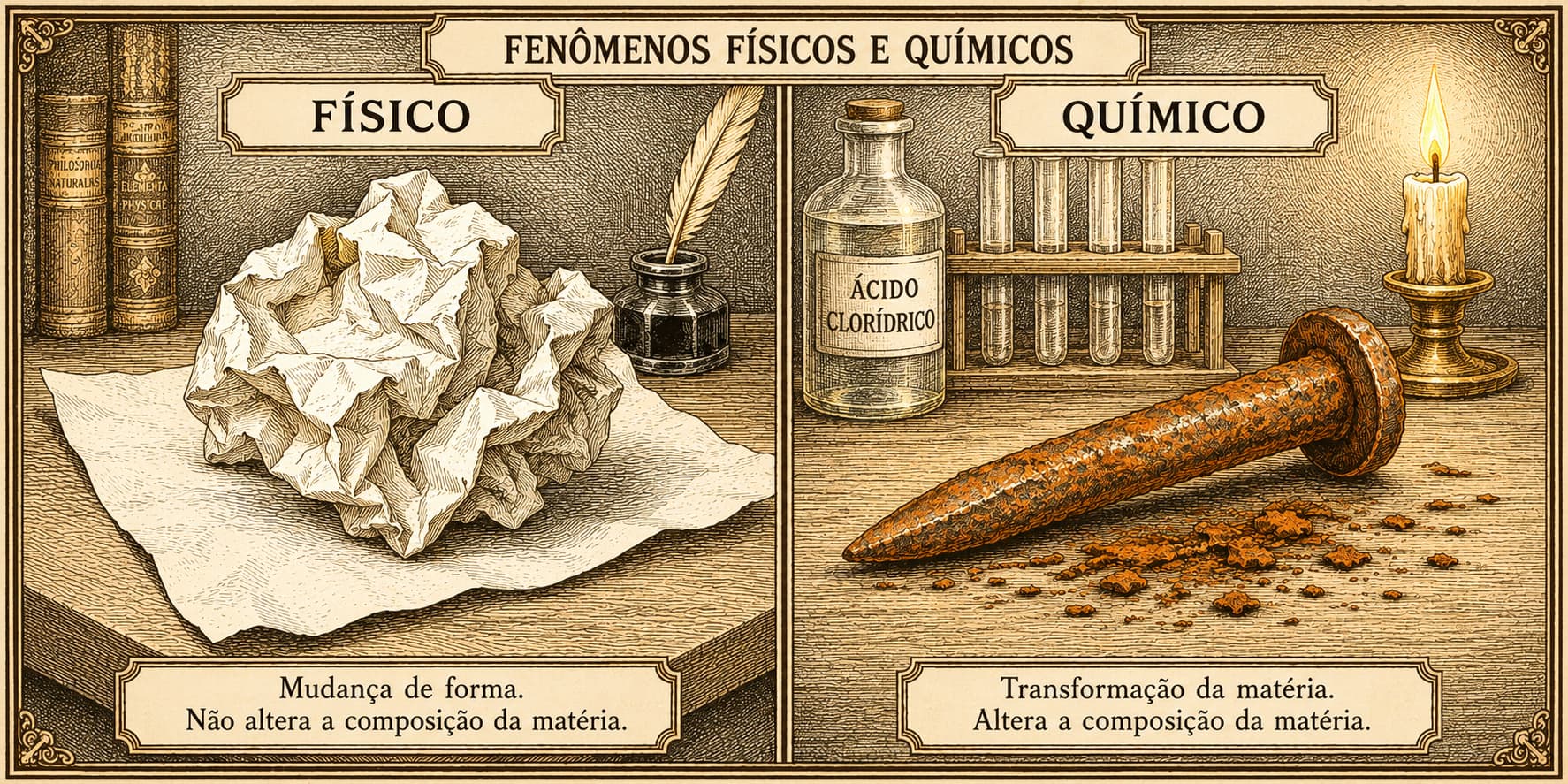 Fenômenos físicos e químicos — papel amassado e ferro enferrujado
